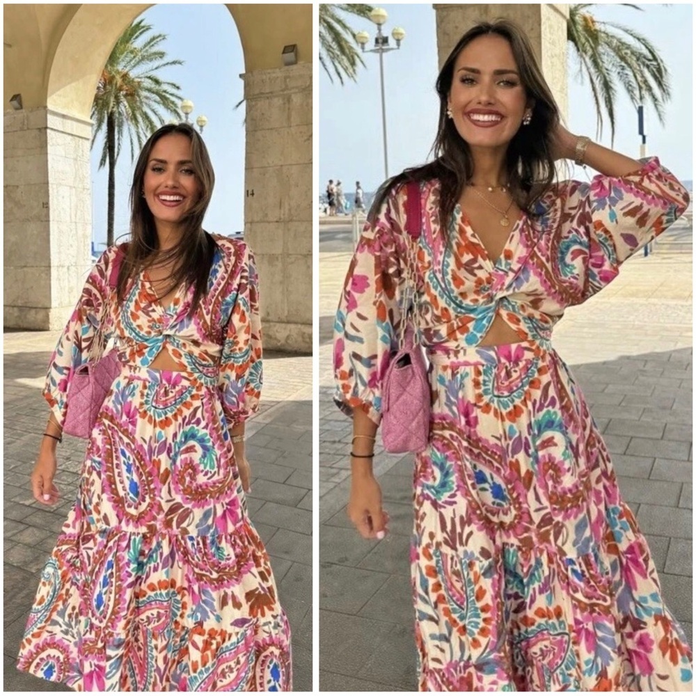 ZARA Vibrant Colorful Blogger’s Favorite Trendy Feminine Tiered Midi Dress Sz S